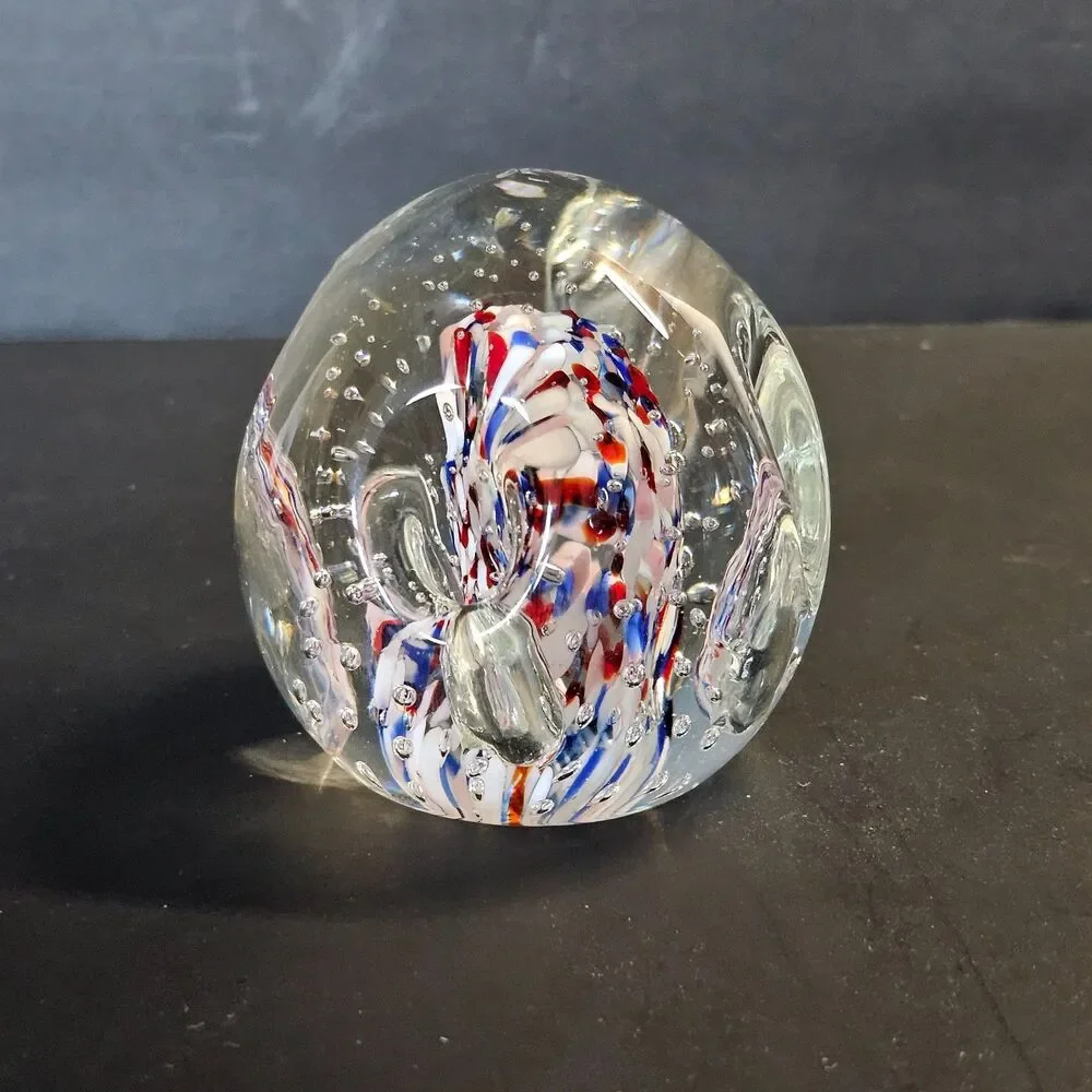Vtg Murano Glass Paperweight Red White Blue Controlled Bubbles Pen Pencil Holder